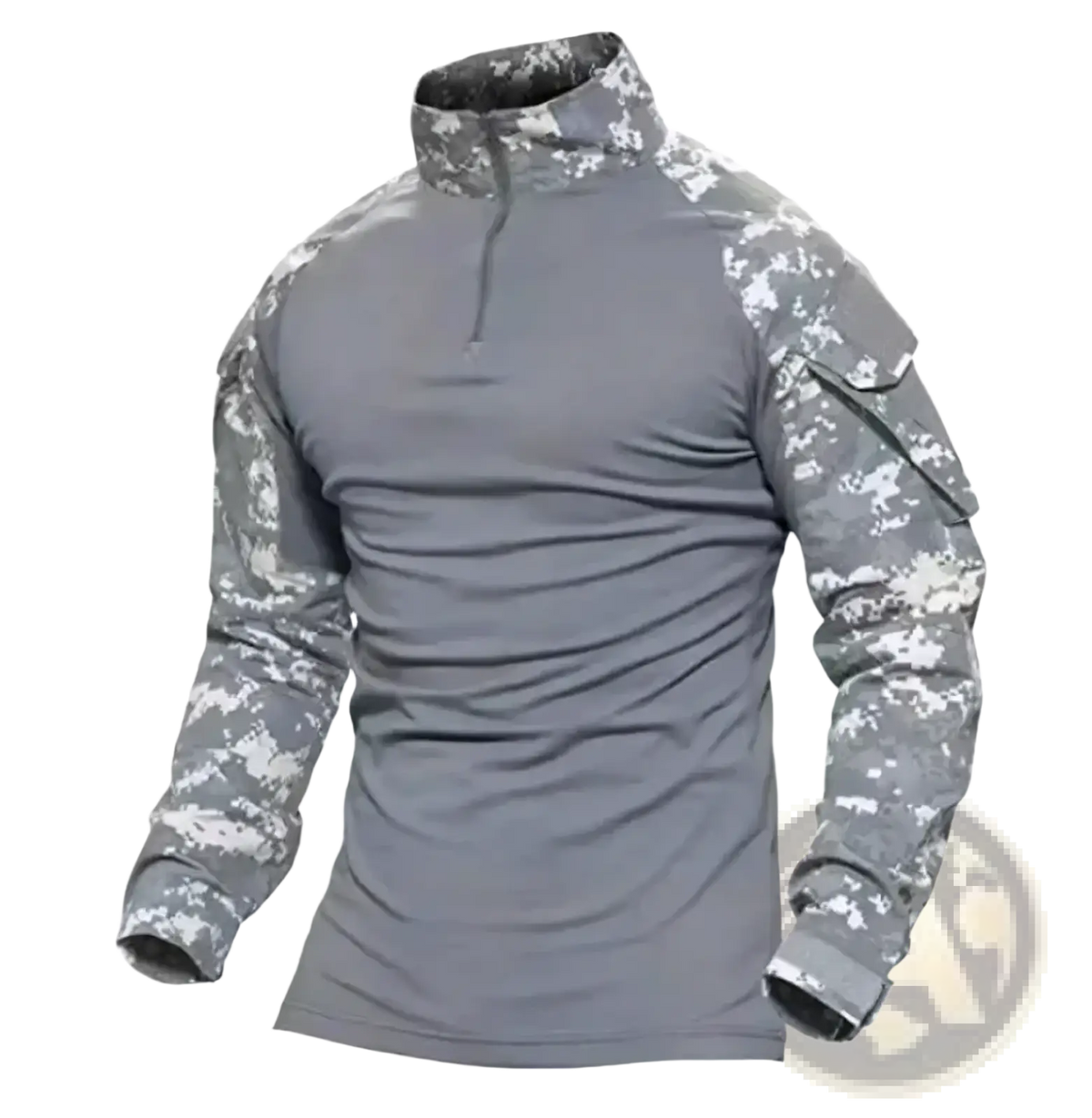 Men tactical camouflage long sleeve hiking shirt in gray and white digital camouflage with half-zip collar