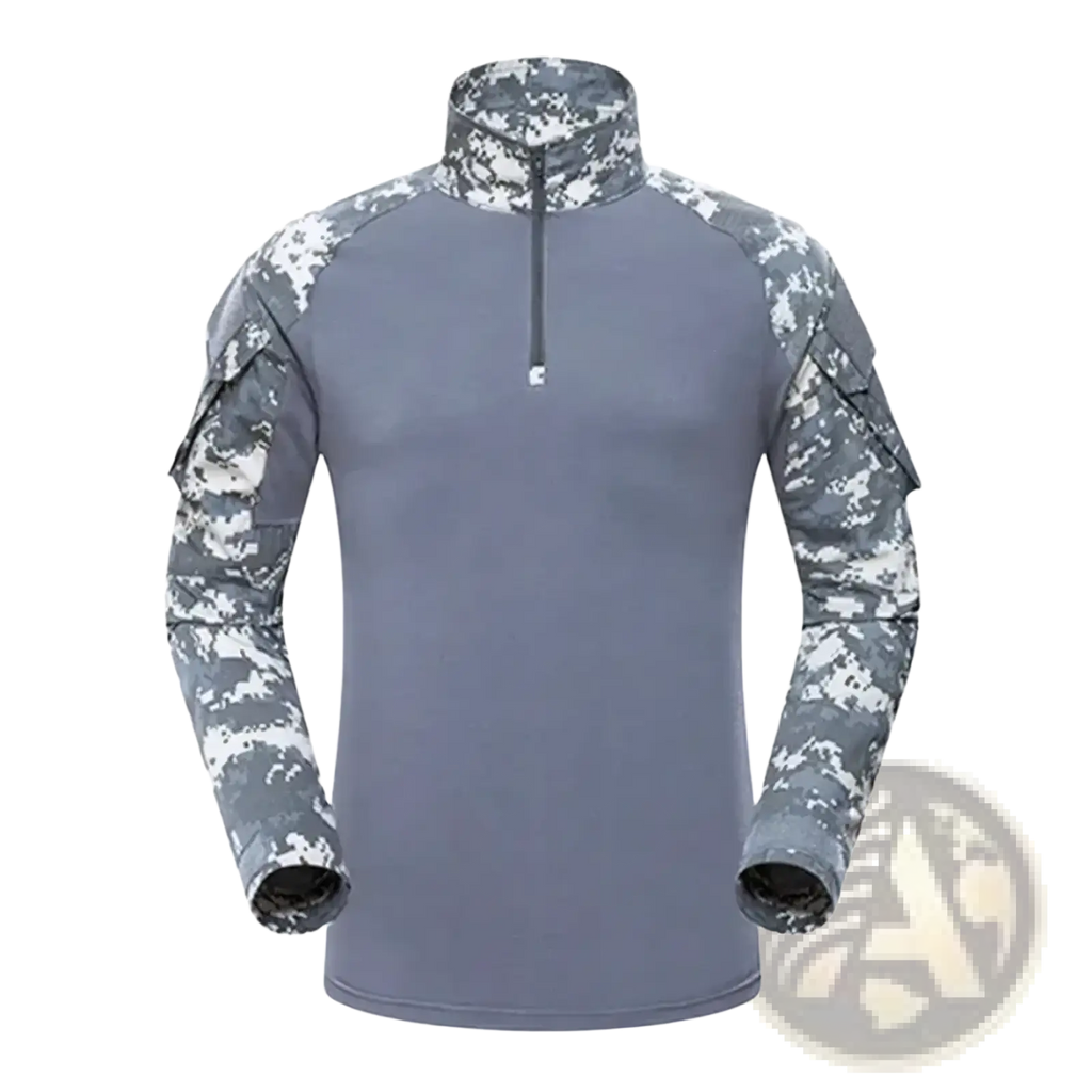 Men tactical camouflage long sleeve hiking shirt in gray and white digital camouflage with half-zip collar