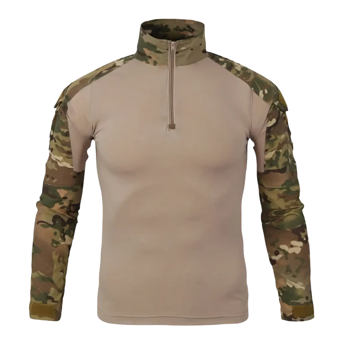 Men tactical camouflage long sleeve hiking shirt in tan with camouflage sleeves and collar featuring half-zip front