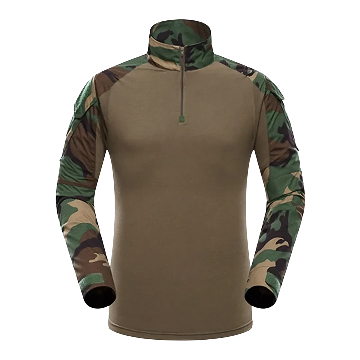 Men tactical camouflage long sleeve hiking shirt with tan body and camouflage patterned sleeves and collar