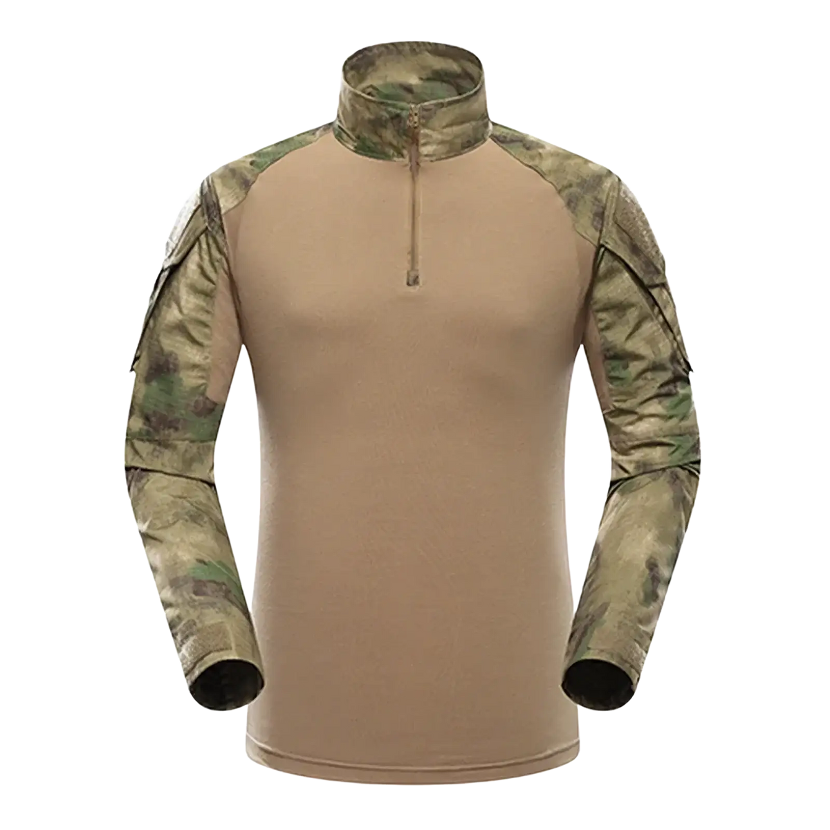 Men tactical camouflage long sleeve hiking shirt in tan with camouflage shoulders and sleeves made of durable fabric