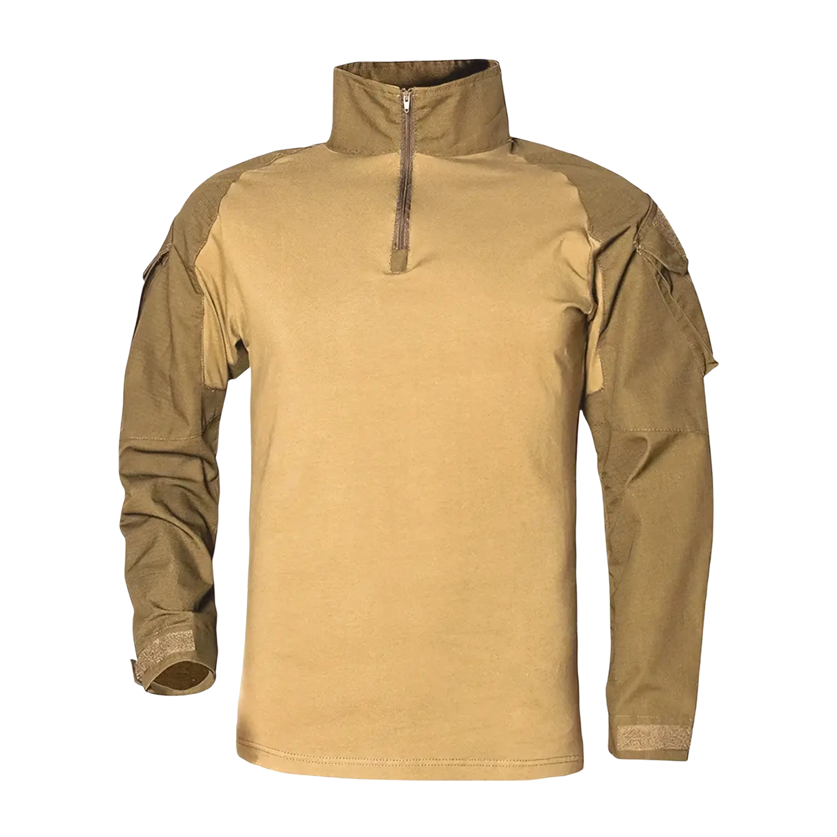 Men tactical camouflage long sleeve hiking shirt in tan with half-zip collar and reinforced shoulder panels