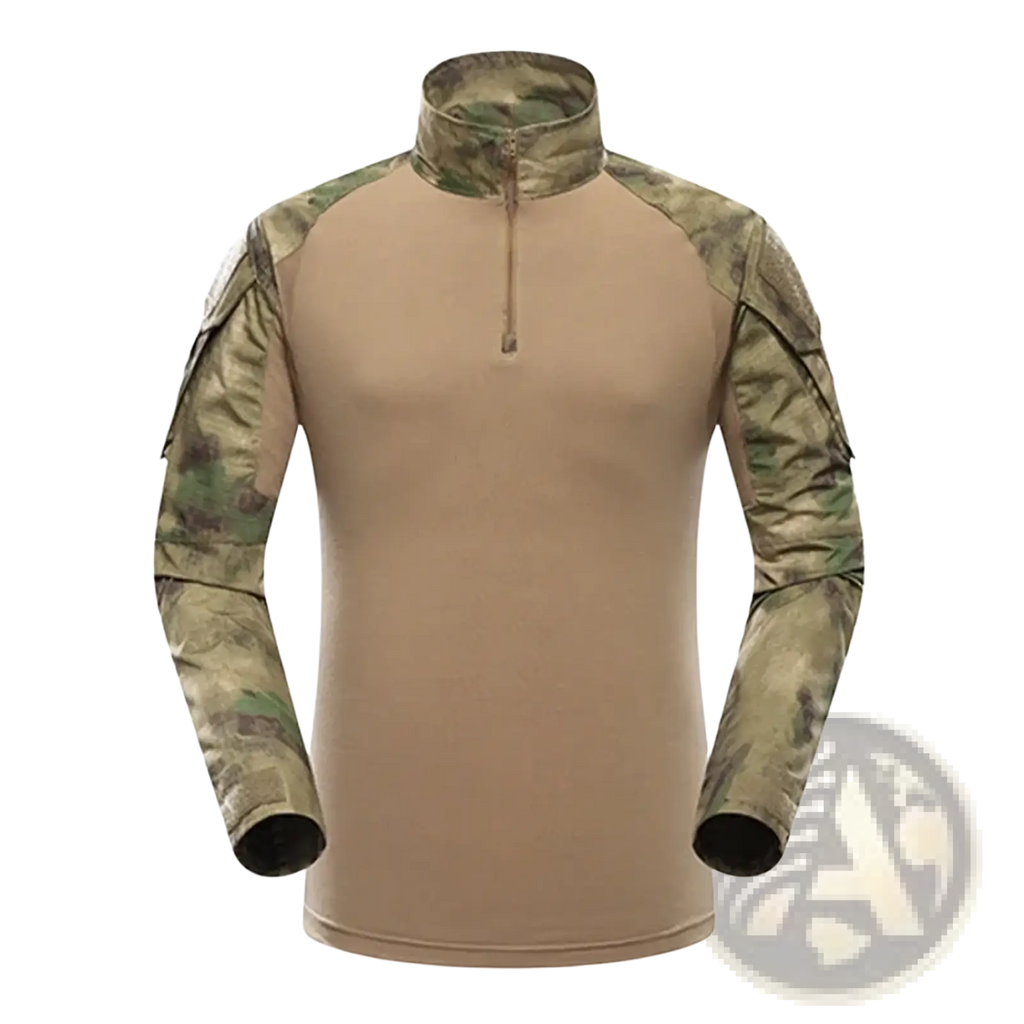 Men tactical camouflage long sleeve hiking shirt in tan and green with half-zip collar and durable fabric