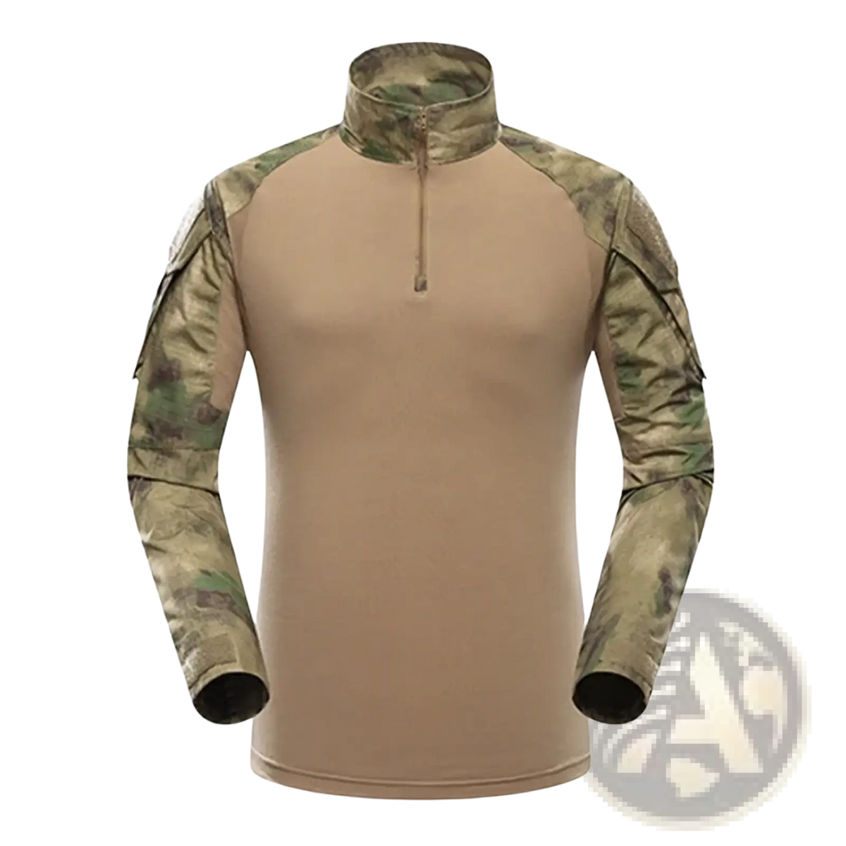 Men tactical camouflage long sleeve hiking shirt in tan and green with half-zip collar and durable fabric