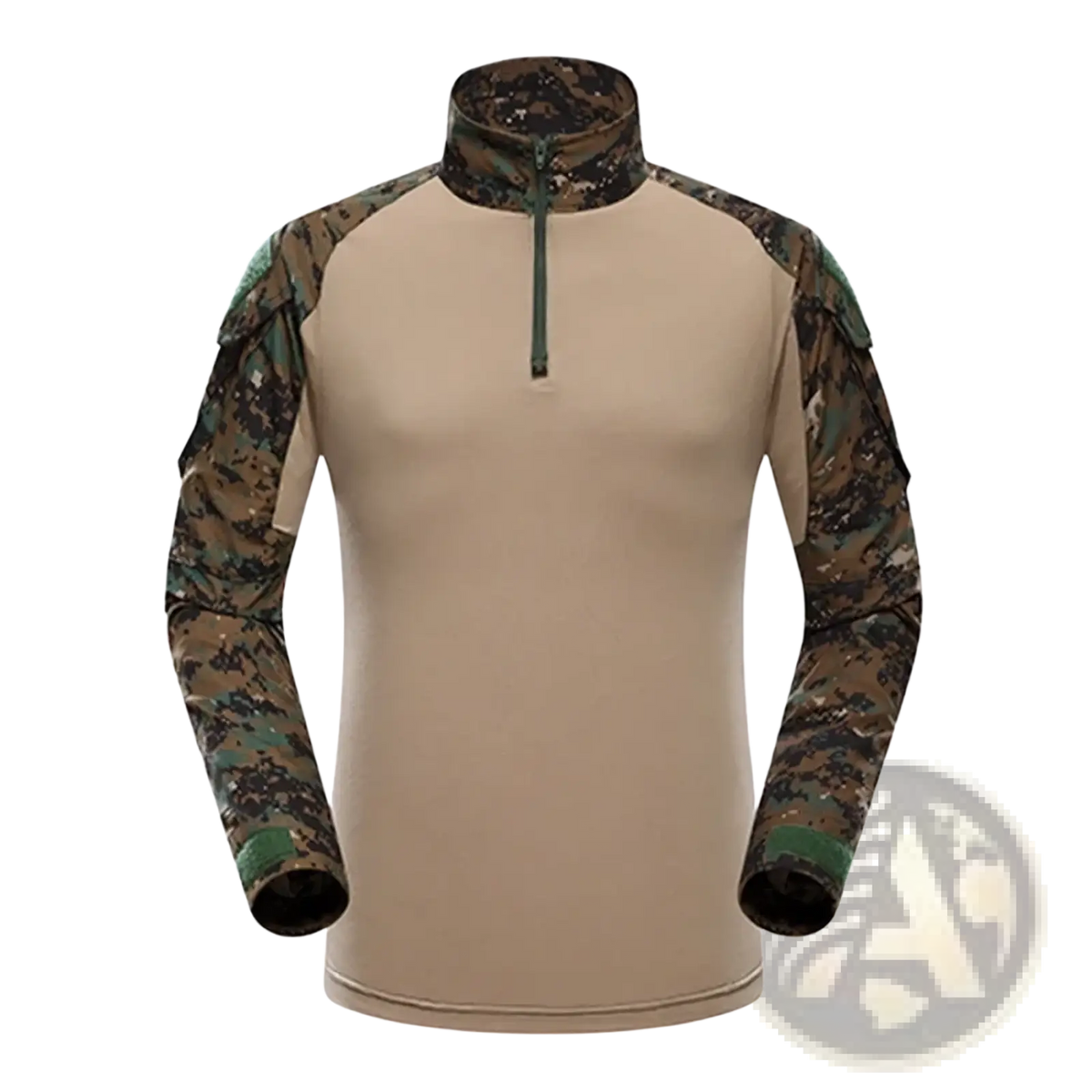 Men tactical camouflage long sleeve hiking shirt in tan and green digital camouflage with half-zip collar