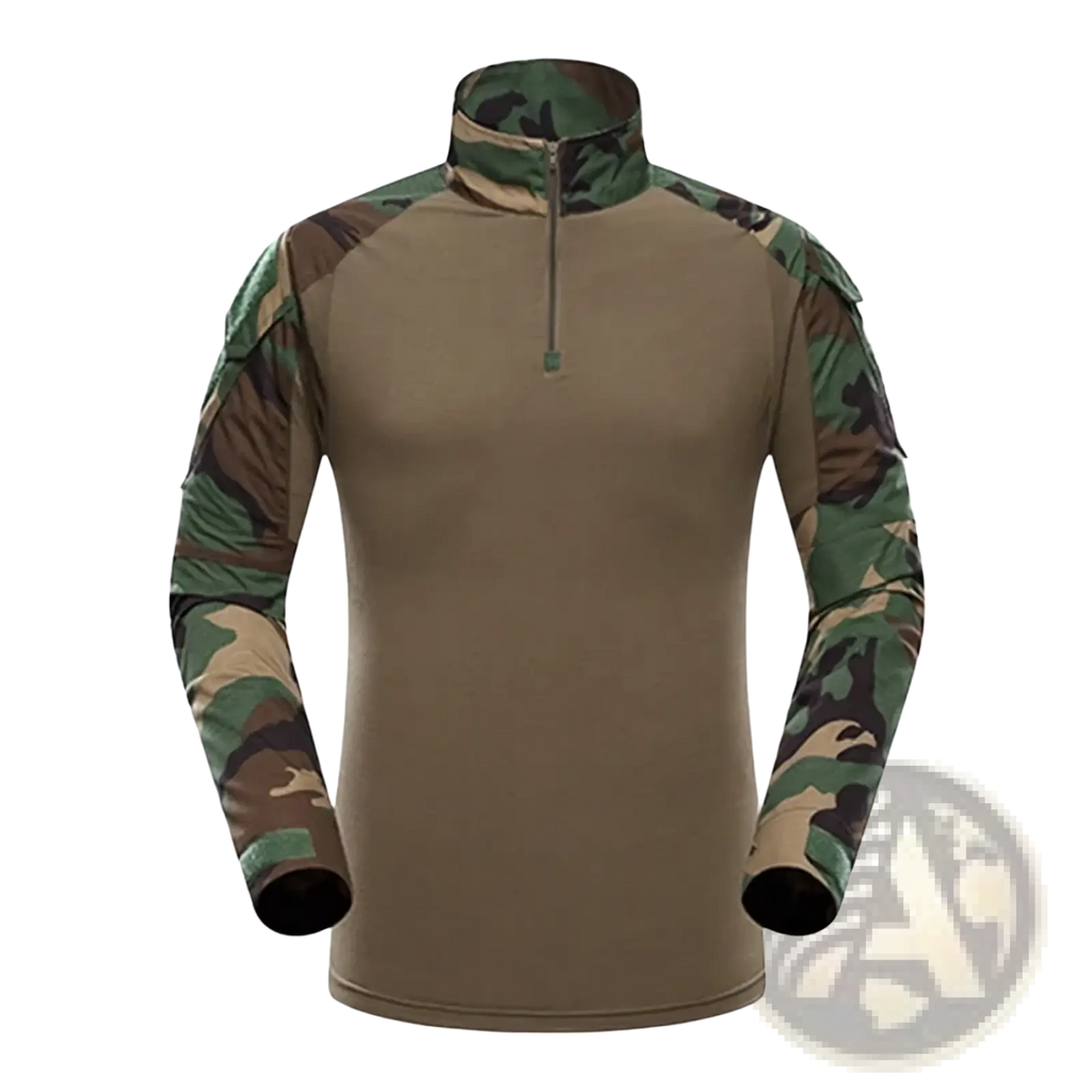 Men tactical camouflage long sleeve hiking shirt in tan and green with a half-zip collar and breathable fabric