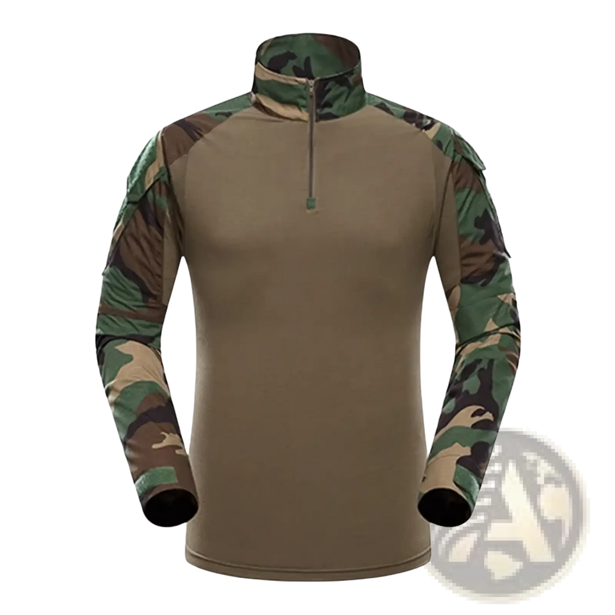 Men tactical camouflage long sleeve hiking shirt in tan and green with a half-zip collar and breathable fabric