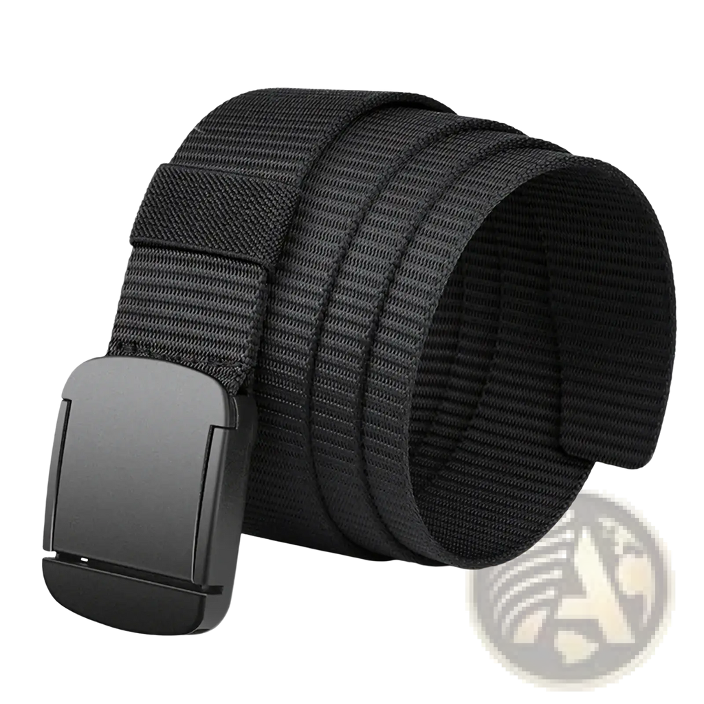 Men tactical canvas belt in black with a matte black plastic automatic buckle and durable webbing material
