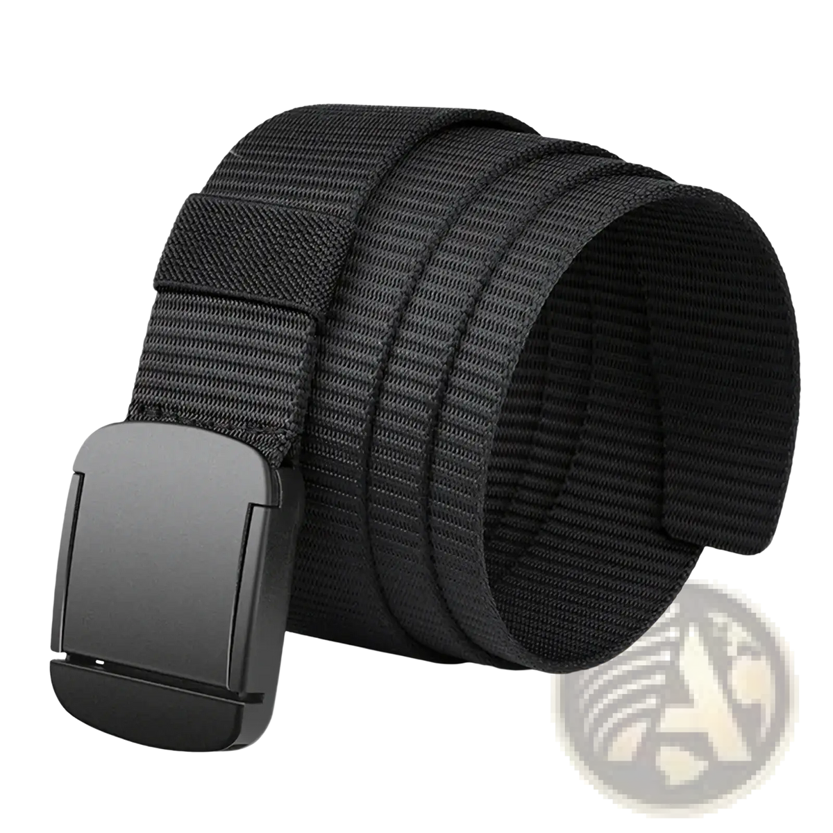 Men tactical canvas belt in black with a matte black plastic automatic buckle and durable webbing material