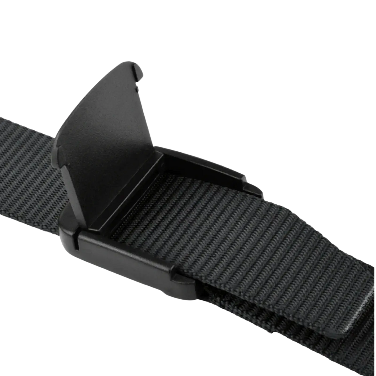 Black quick-release buckle on a black woven nylon strap of a men tactical canvas belt automatic buckle