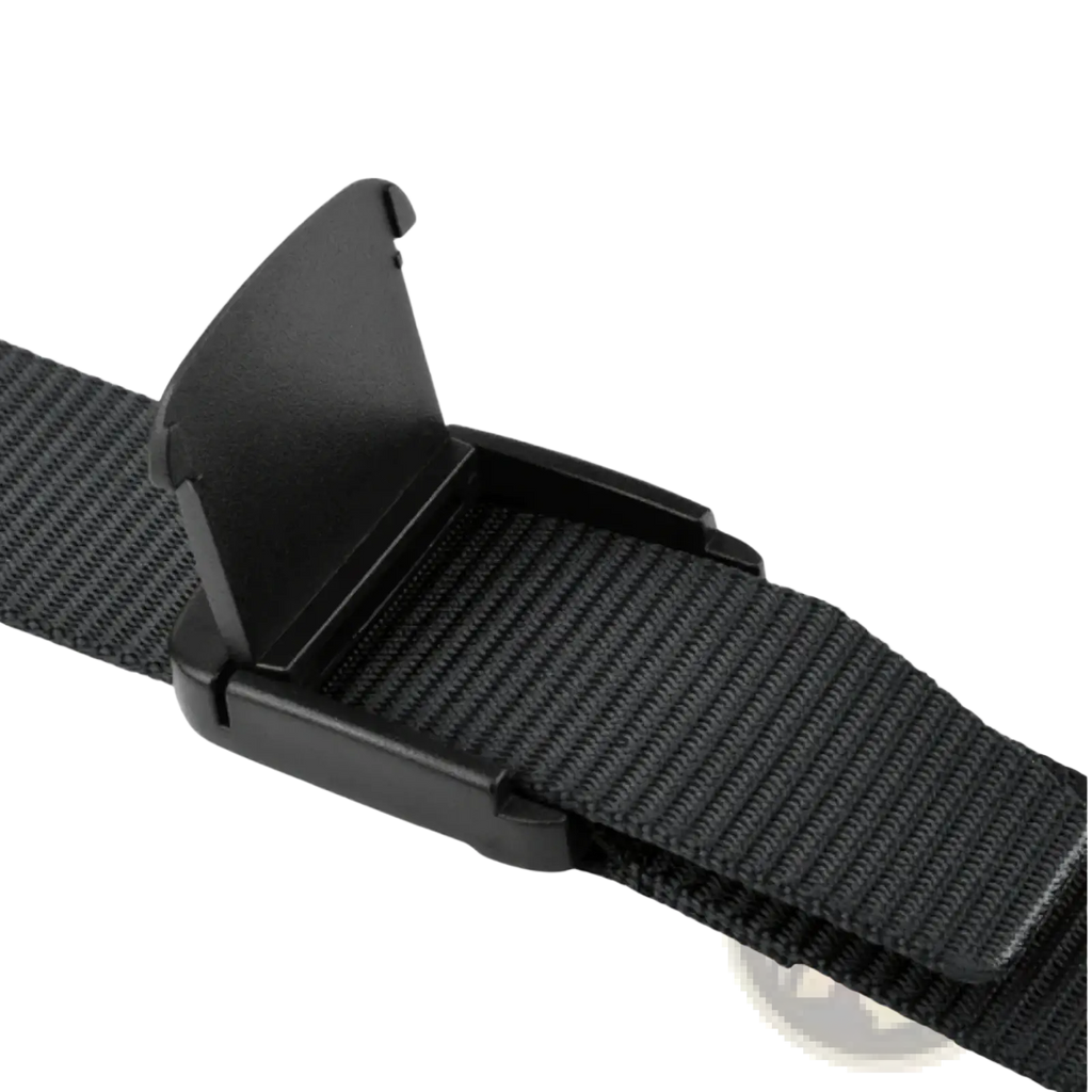 Black quick-release buckle on a black woven nylon strap of a men tactical canvas belt automatic buckle