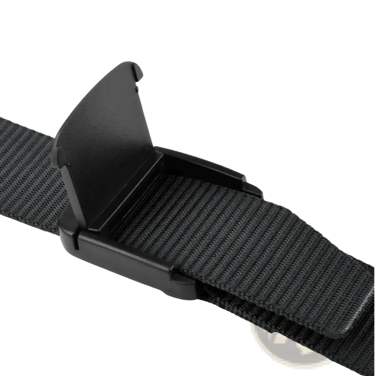 Black quick-release buckle on a black woven nylon strap of a men tactical canvas belt automatic buckle