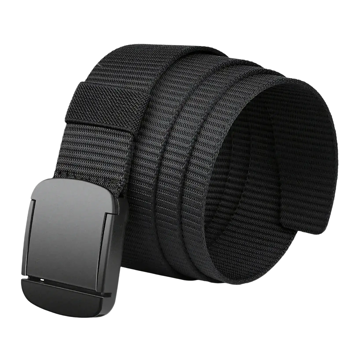 Men tactical canvas belt made of black woven nylon with a matte black automatic buckle for secure fastening