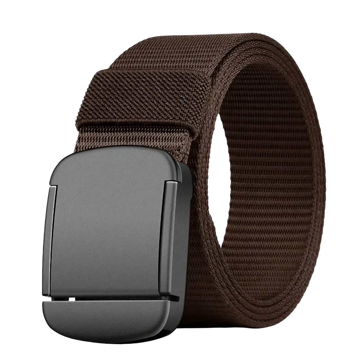 Brown tactical canvas belt with automatic matte black rectangular buckle for men made of woven canvas material