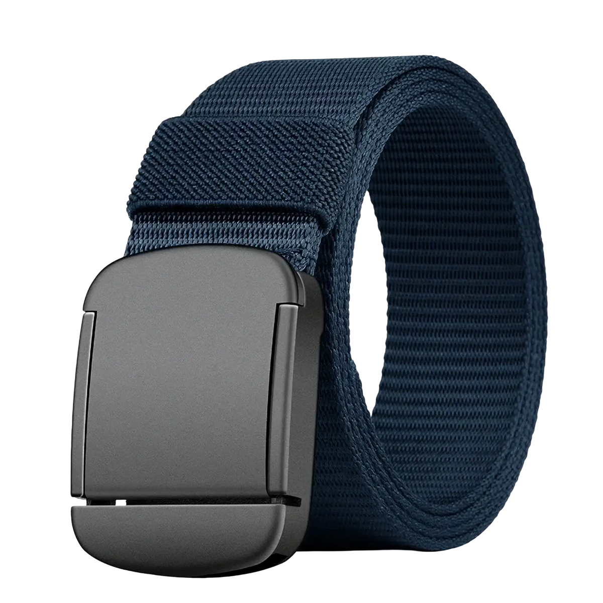 Men tactical canvas belt in dark blue woven fabric with matte black plastic automatic buckle for durability and style