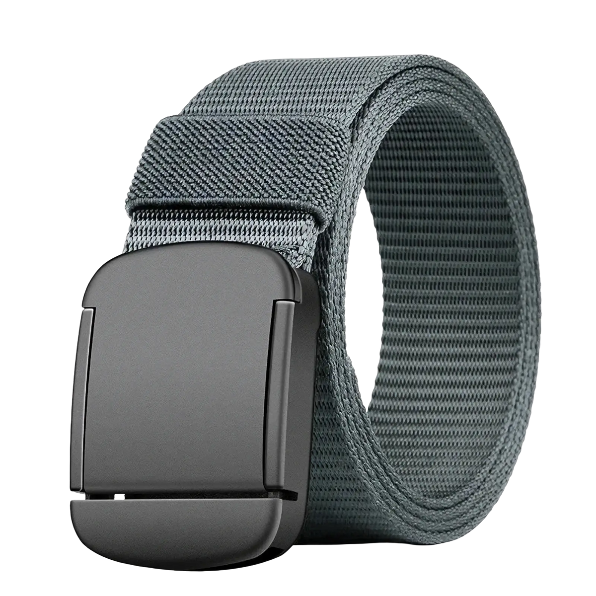 Dark gray men tactical canvas belt with a matte black plastic automatic buckle for durable use