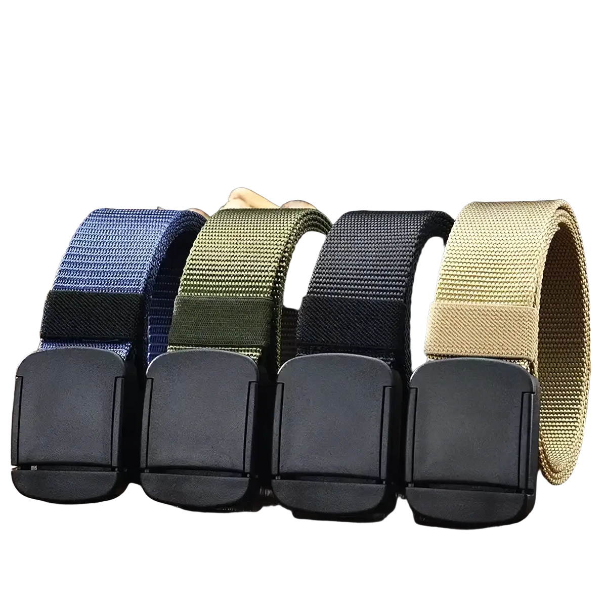 Men tactical canvas belts in blue olive green black and tan with automatic matte black plastic buckles