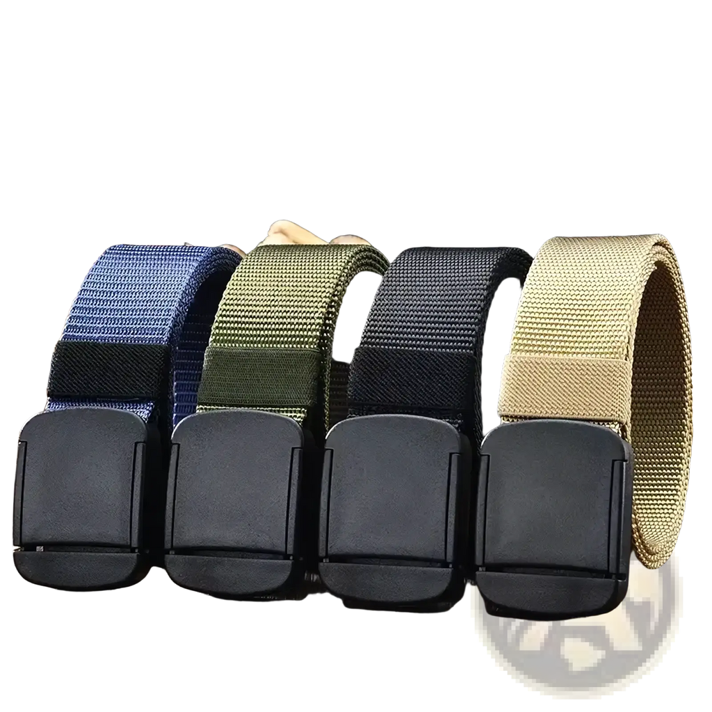 Men tactical canvas belts in blue olive green black and tan with automatic matte black plastic buckles