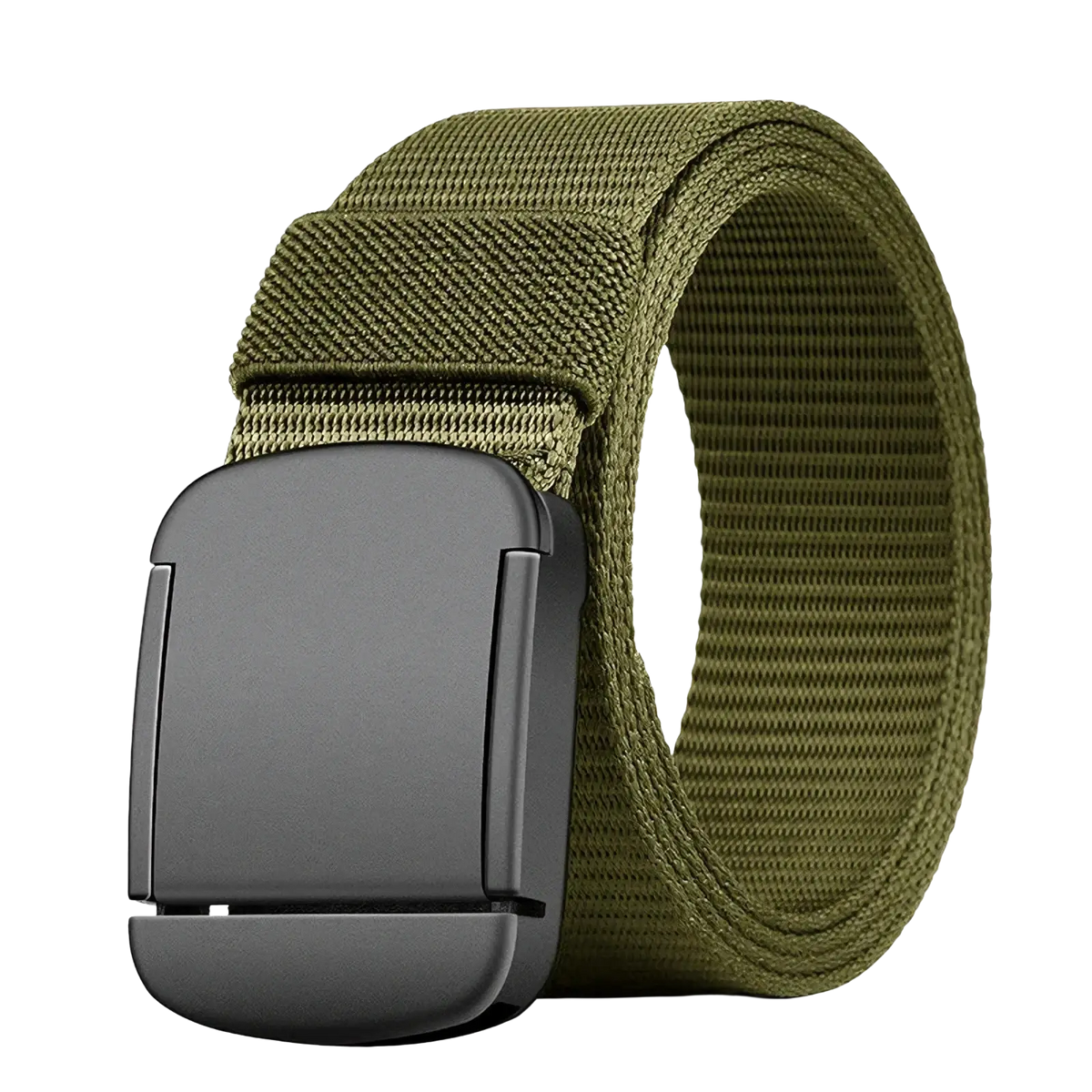 Men tactical canvas belt in olive green featuring tactical webbing and a matte black plastic automatic buckle