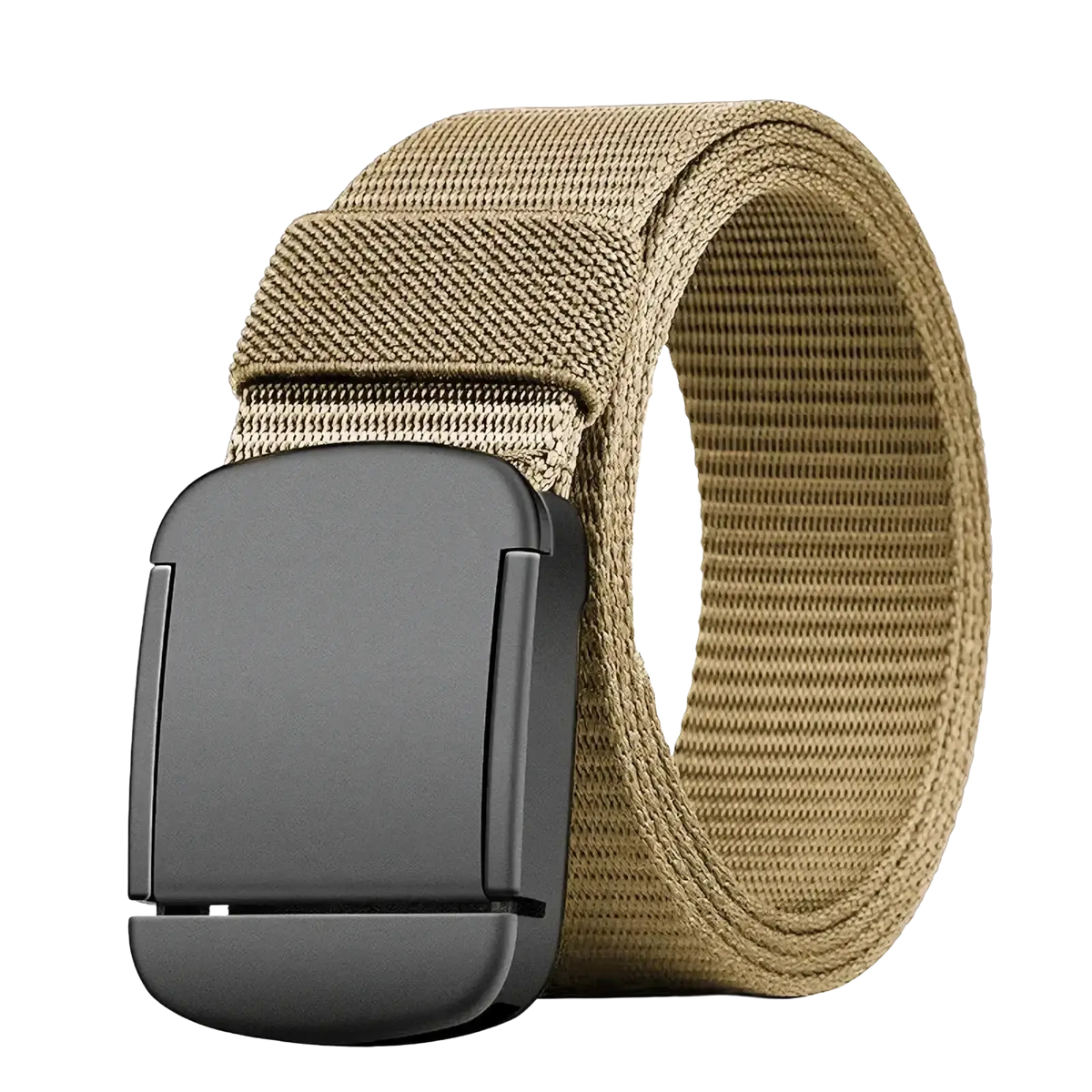 Tan tactical canvas belt with matte black automatic buckle designed for men’s tactical use