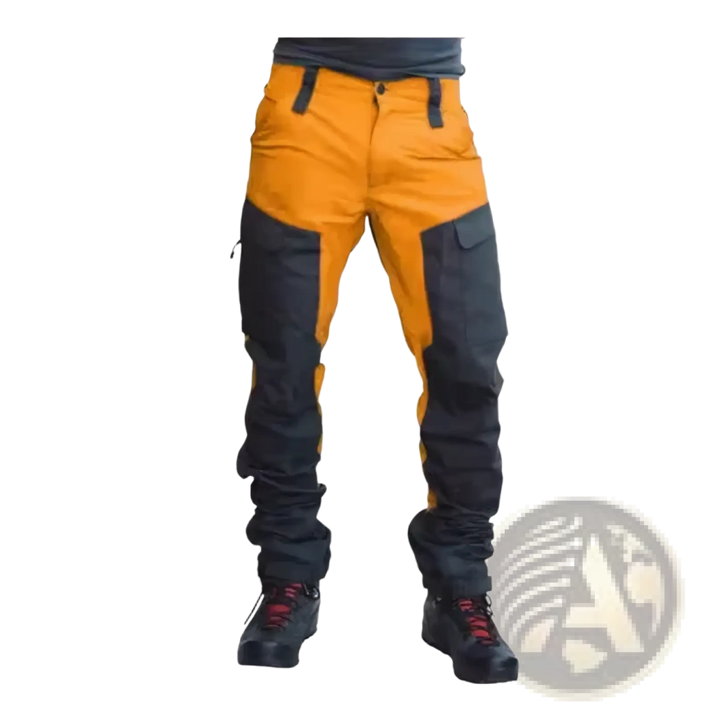Men tactical cargo joggers outdoor work pants in orange and black with reinforced panels and multiple cargo pockets