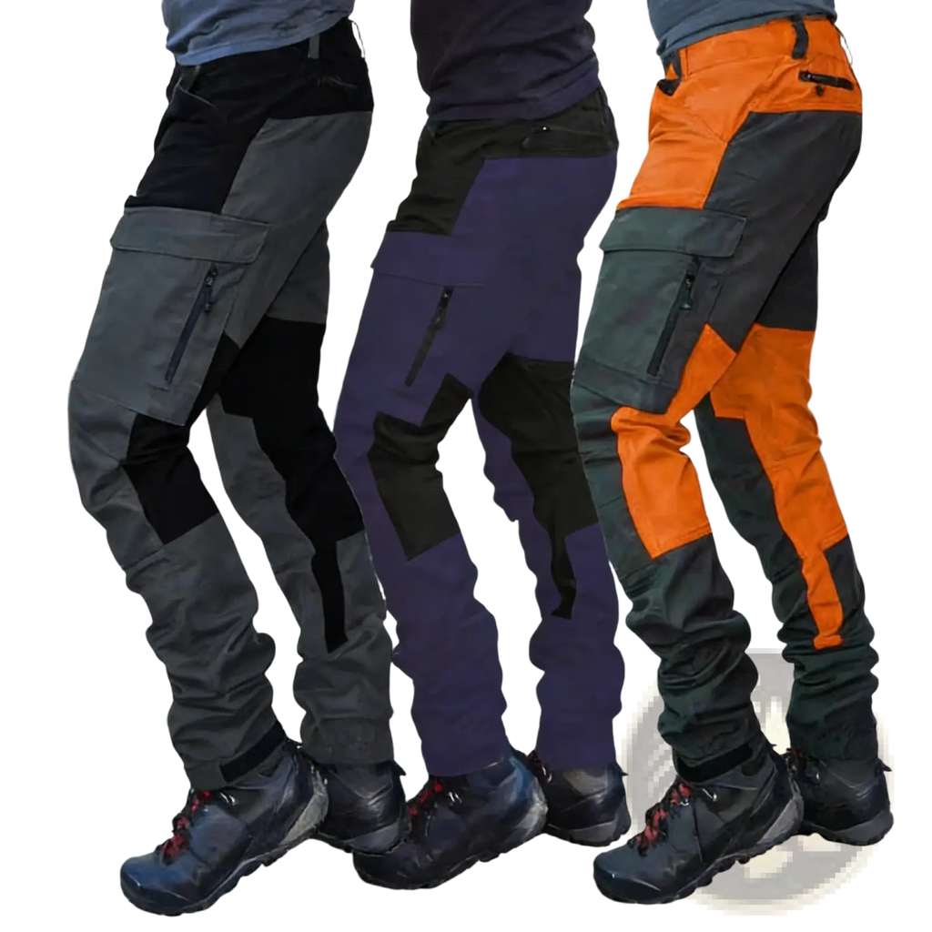 Three pairs of rugged multi-colored men tactical cargo joggers with reinforced panels and zippered pockets for outdoor work