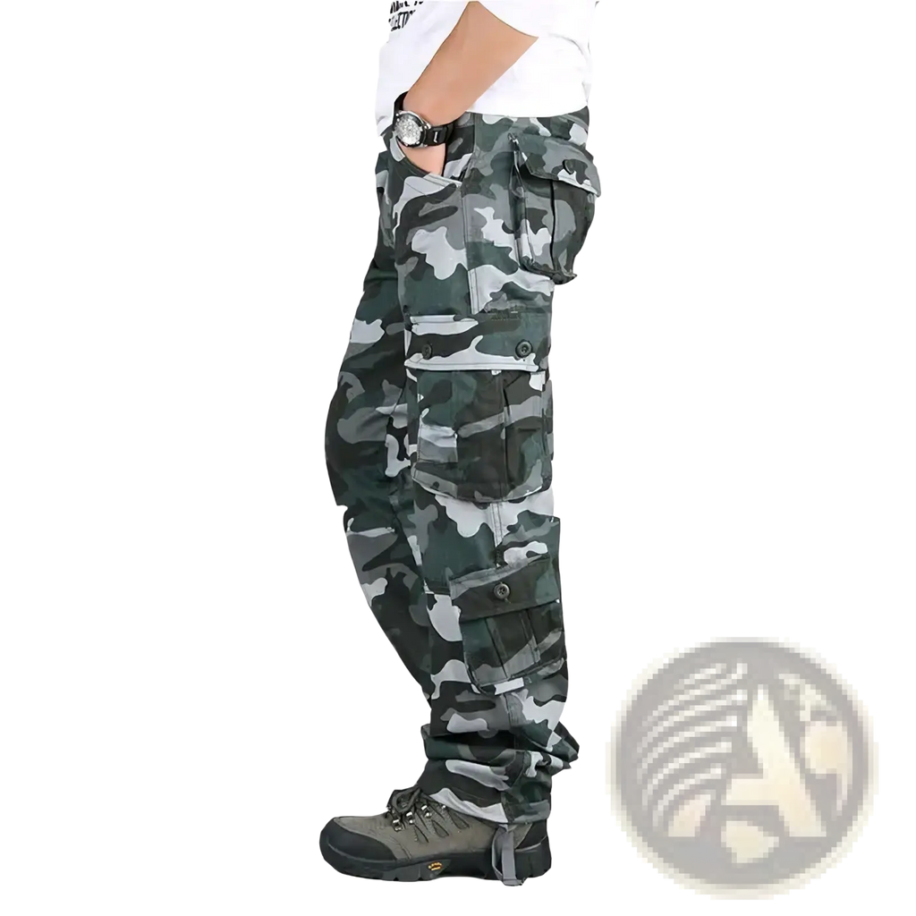 Men tactical cargo pants made of cotton in dark green and gray camouflage with multiple pockets for outdoor work