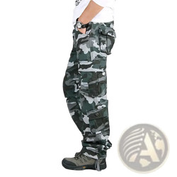Men tactical cargo pants made of cotton in dark green and gray camouflage with multiple pockets for outdoor work