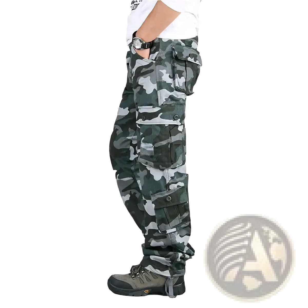 Men tactical cargo pants made of cotton in dark green and gray camouflage with multiple pockets for outdoor work