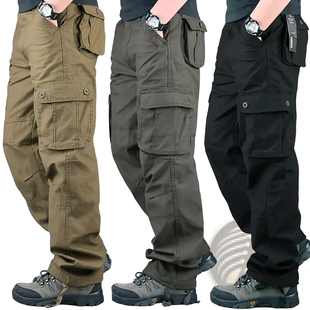 Men tactical cargo pants cotton outdoor work trousers in olive dark green and black with multiple button pockets
