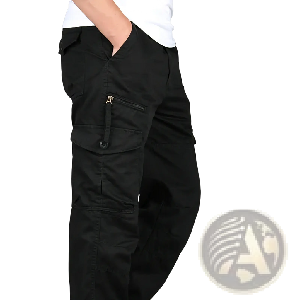 Men tactical cargo pants in black cotton featuring multiple pockets and durable fabric for work and outdoor use