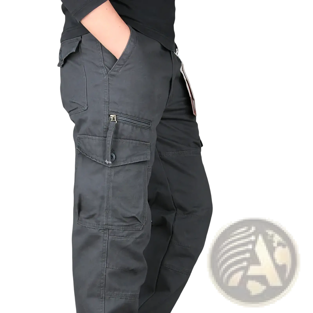 Men tactical cargo pants in dark gray cotton featuring multiple pockets and durable fabric for work use