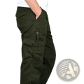 Olive green men tactical cargo pants made of cotton with multiple pockets and button closures for work use