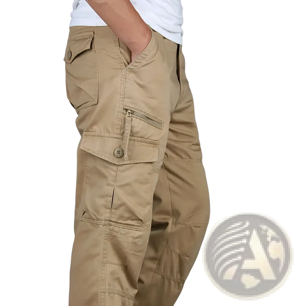 Men tactical cargo pants in khaki cotton with multiple pockets and a casual utilitarian design for workwear