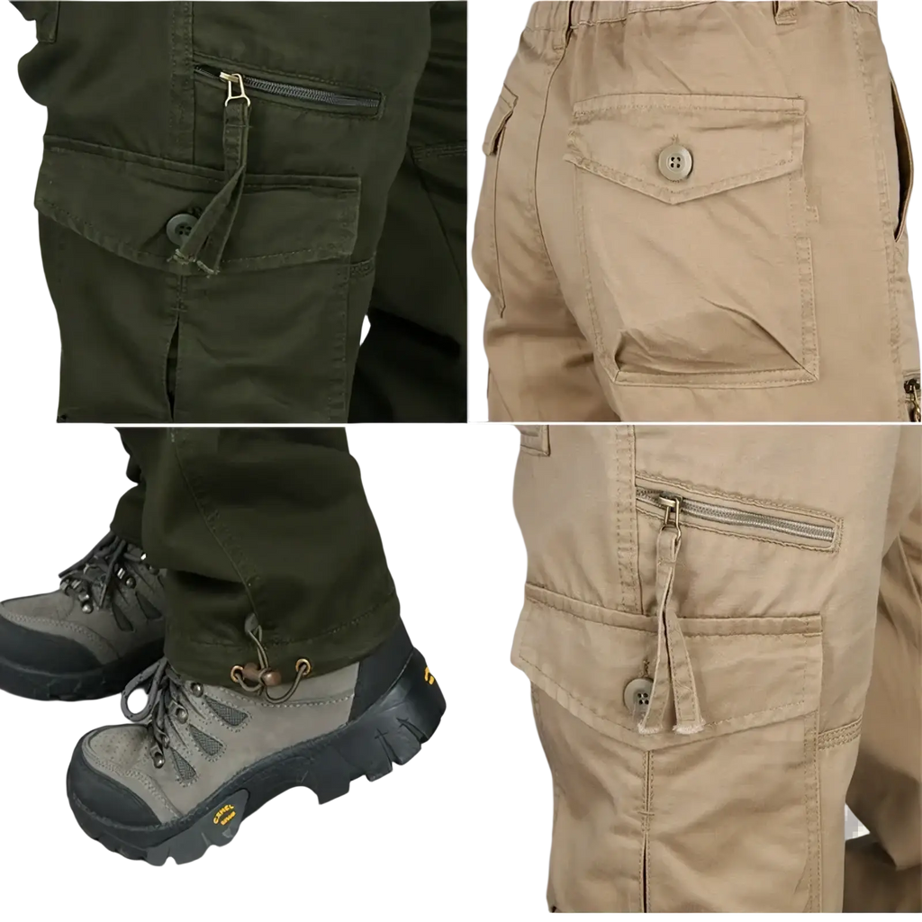 Men tactical cargo pants in olive green and khaki cotton with multiple pockets button closures and zipper details
