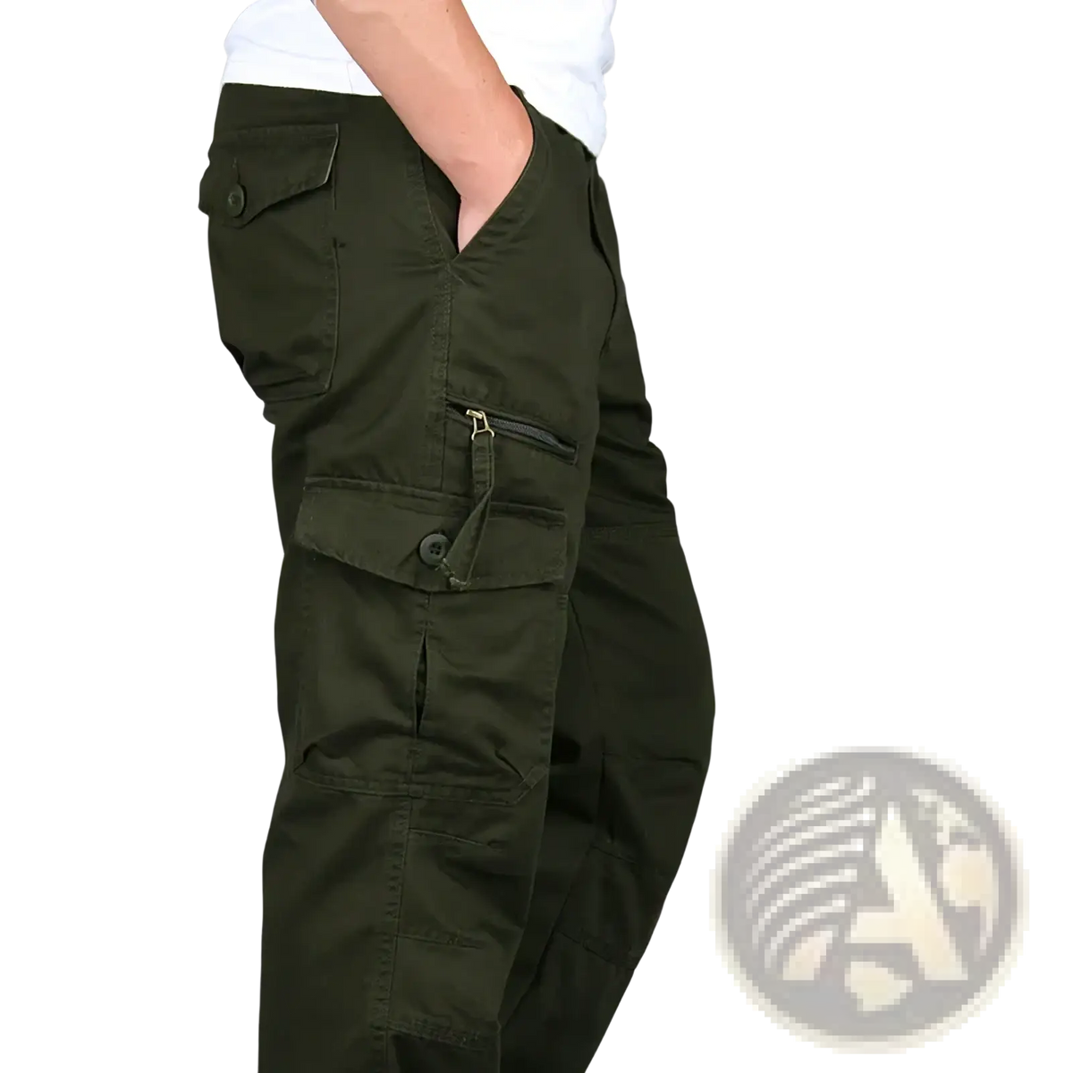 Men tactical cargo pants olive green cotton with multiple pockets and button closures for work and outdoor use