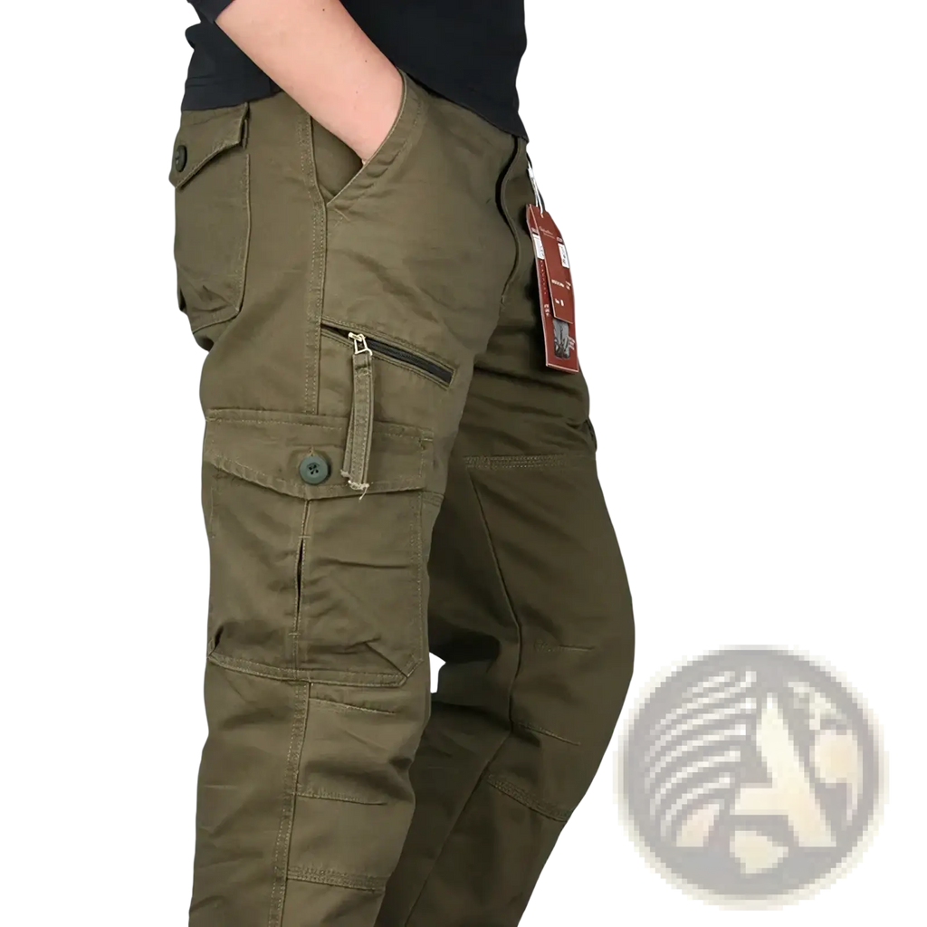 Olive green men tactical cargo pants made of cotton with multiple pockets and button closure for work use