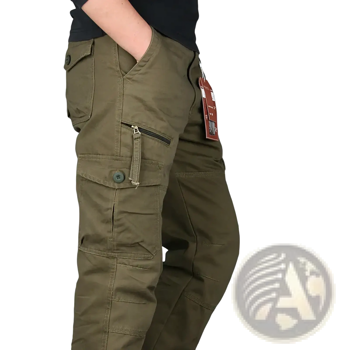 Olive green men tactical cargo pants made of cotton with multiple pockets and button closure for work use