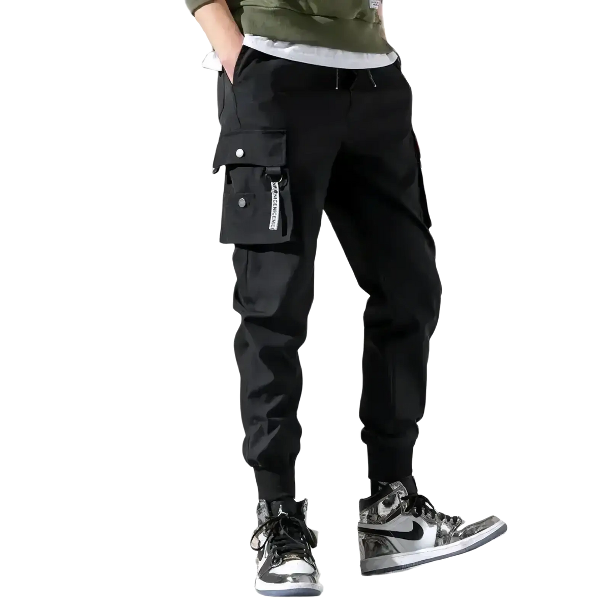 Men tactical cargo pants in black with multiple pockets and a drawstring waistband for casual and tactical use