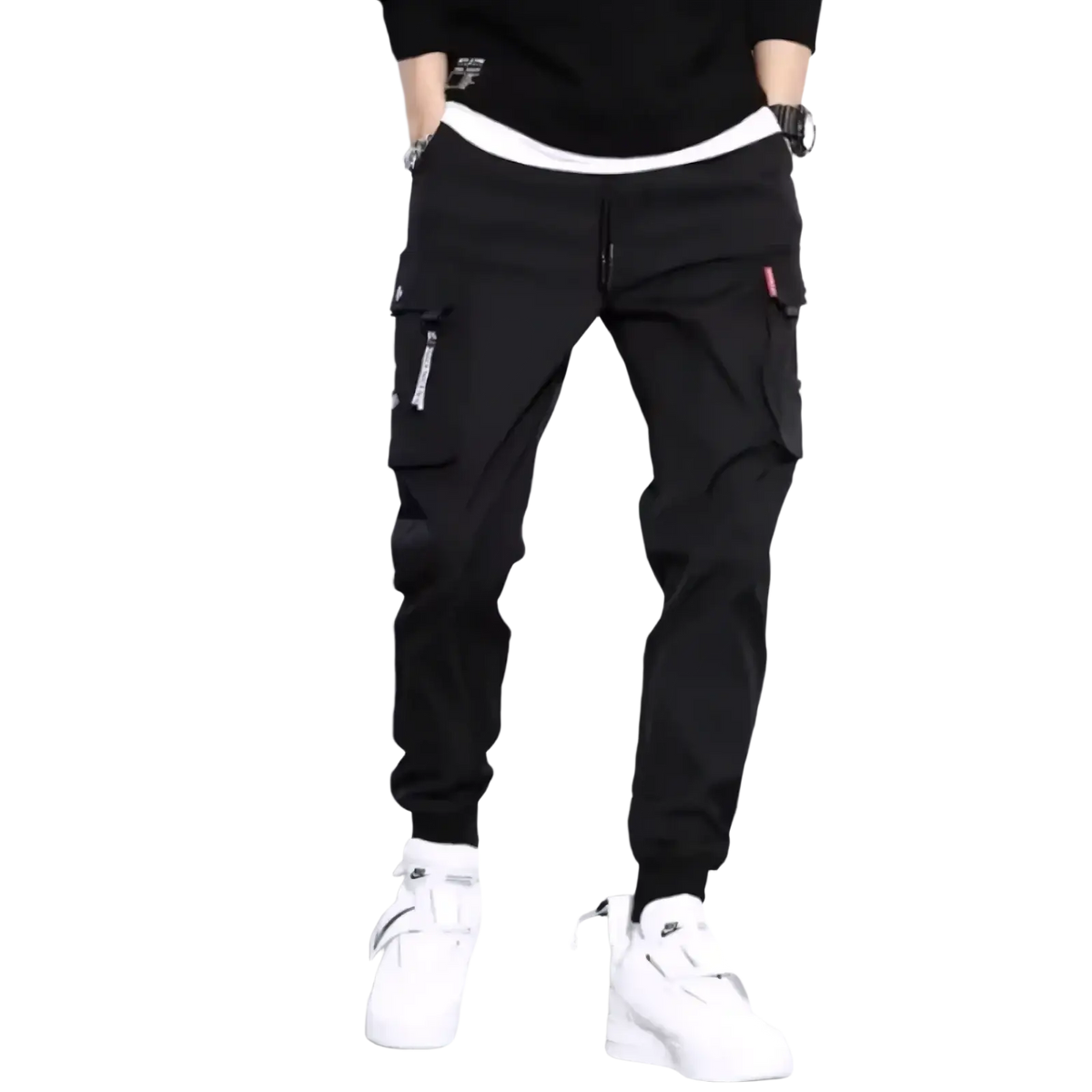 Black men tactical cargo pants with multiple pockets and a white waistband designed for casual joggers use