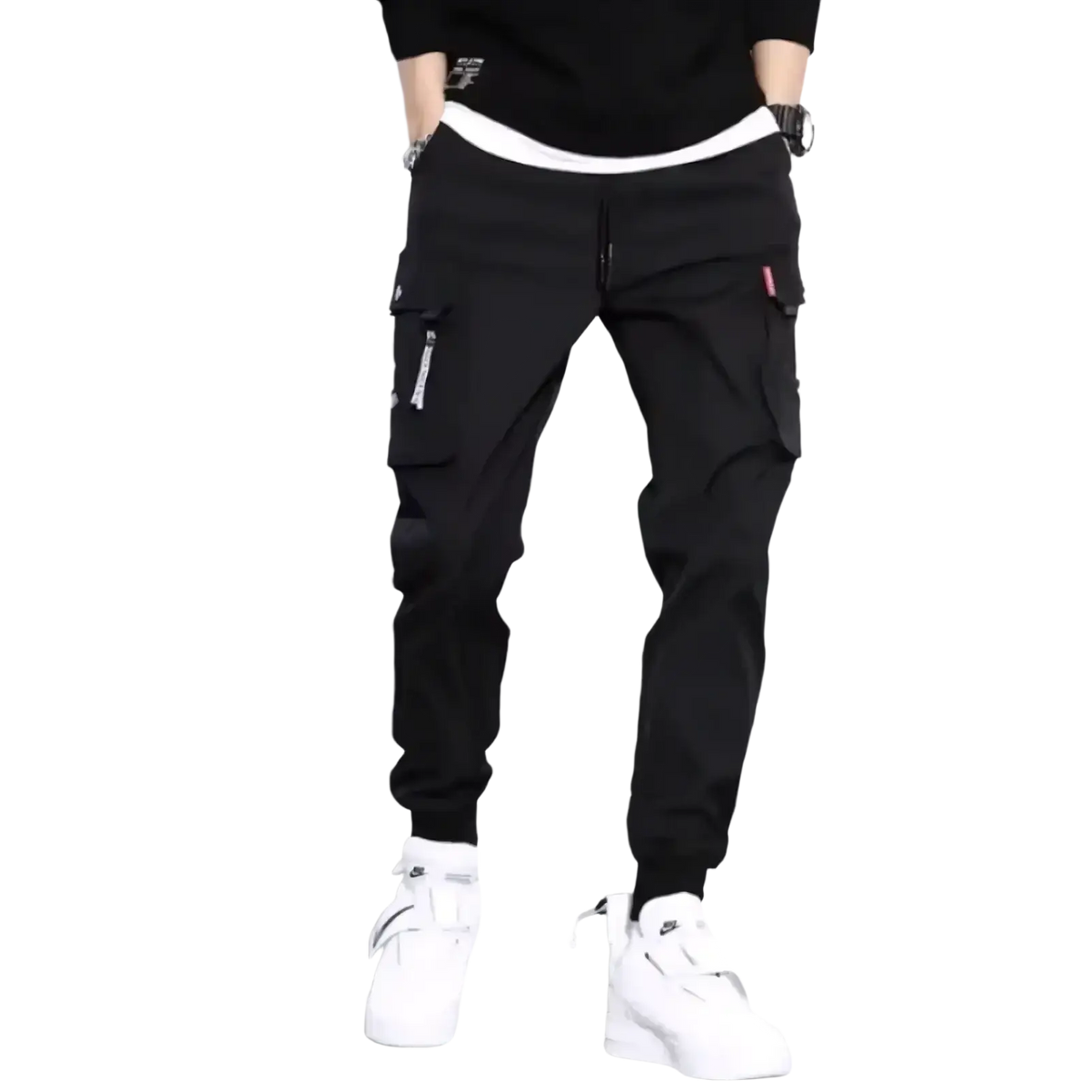 Black tactical cargo pants with white waistband and red zipper pulls designed as multi pocket casual joggers