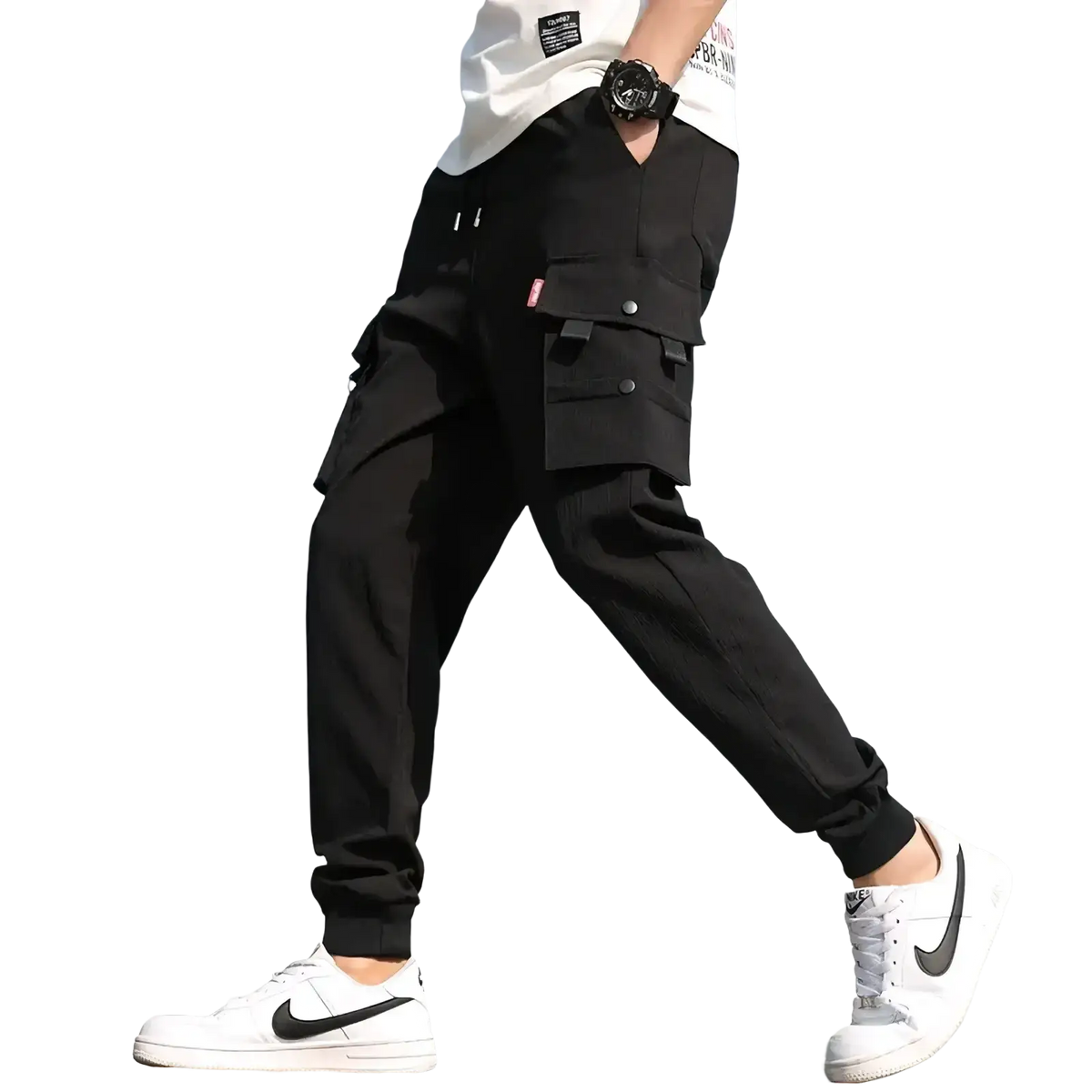 Black tactical cargo pants with multiple pockets and relaxed fit casual joggers for men