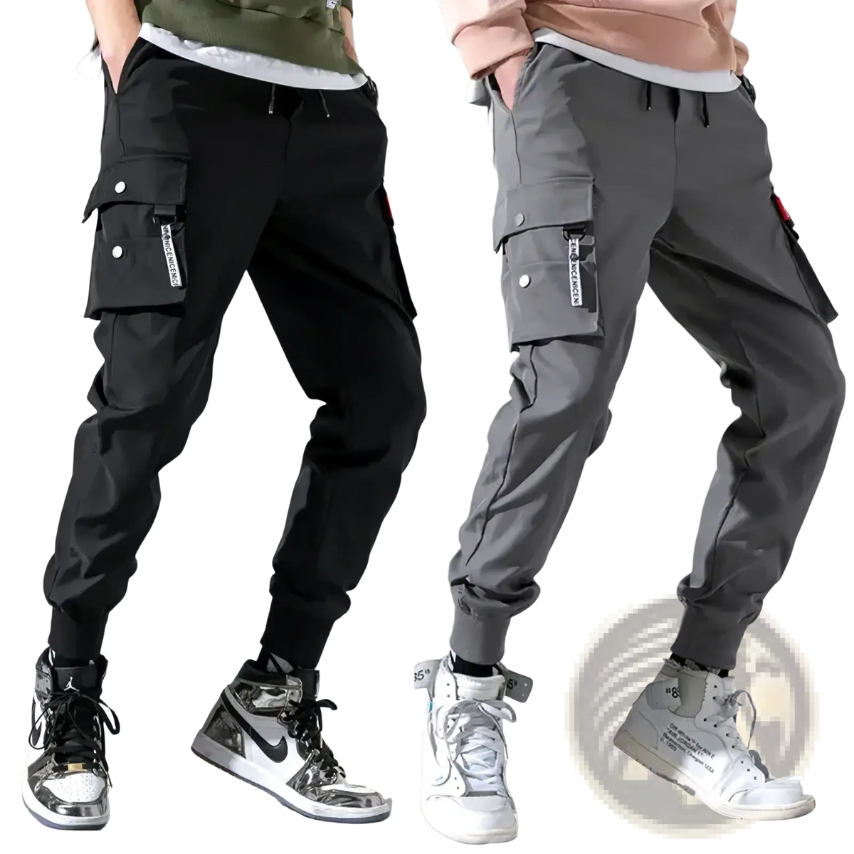 Men tactical cargo pants in black and gray with multiple pockets elastic cuffs and branded side flap tags