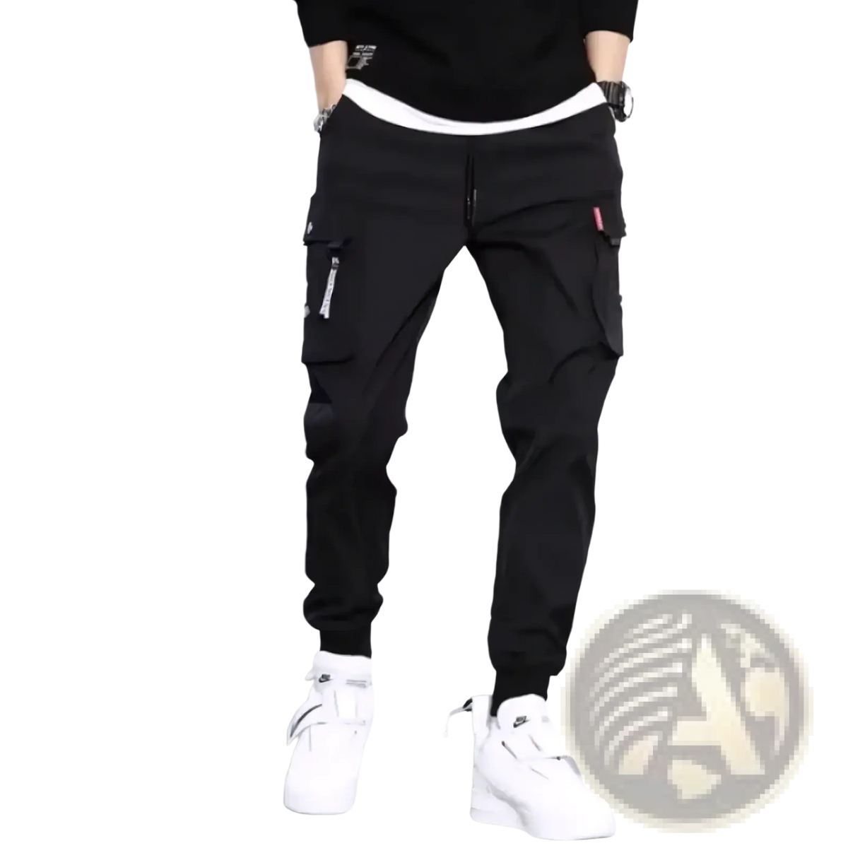 Black men tactical cargo pants with multiple pockets and a white waistband designed for casual joggers use