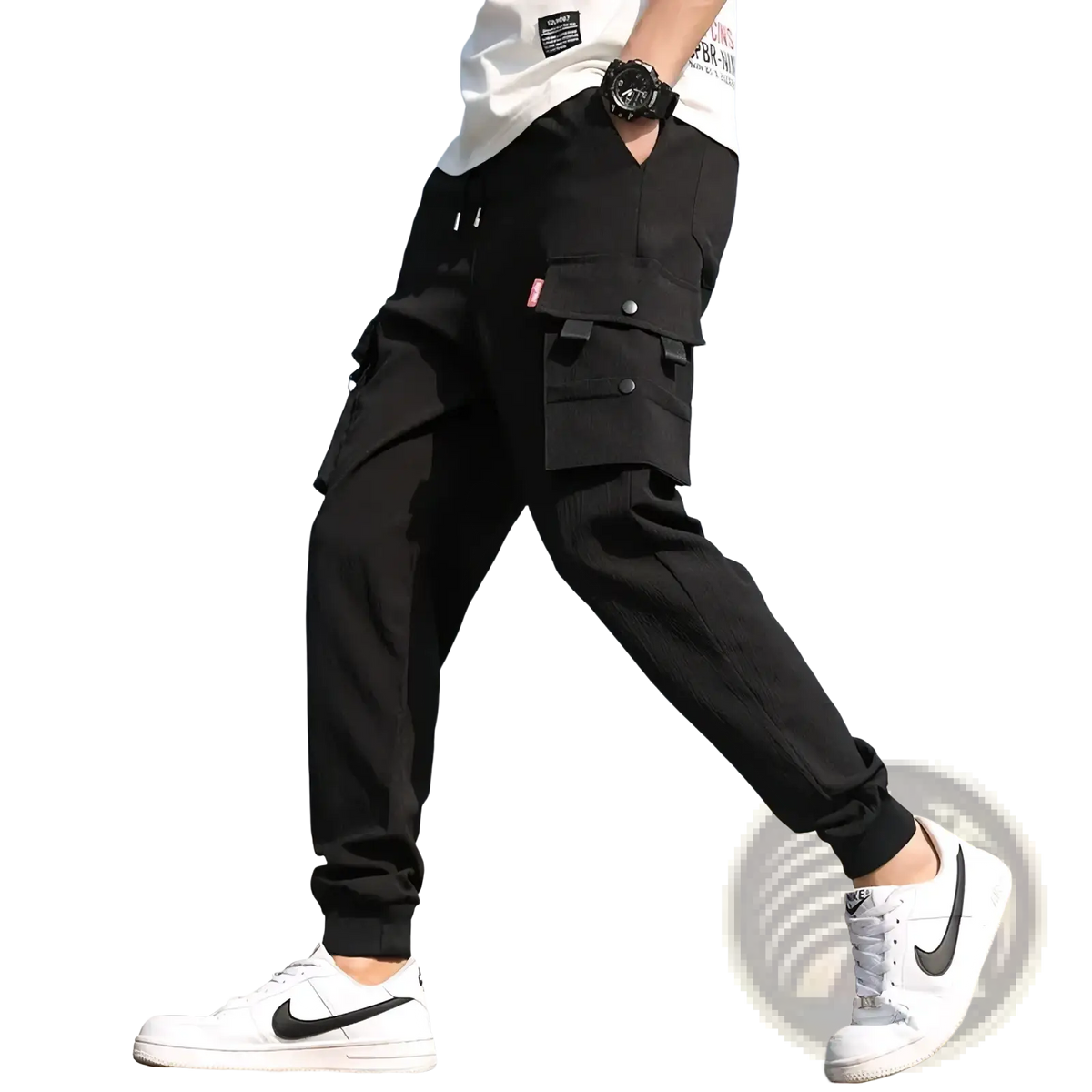 Men tactical cargo pants in black featuring multiple pockets and drawstring cuffs for casual and practical wear