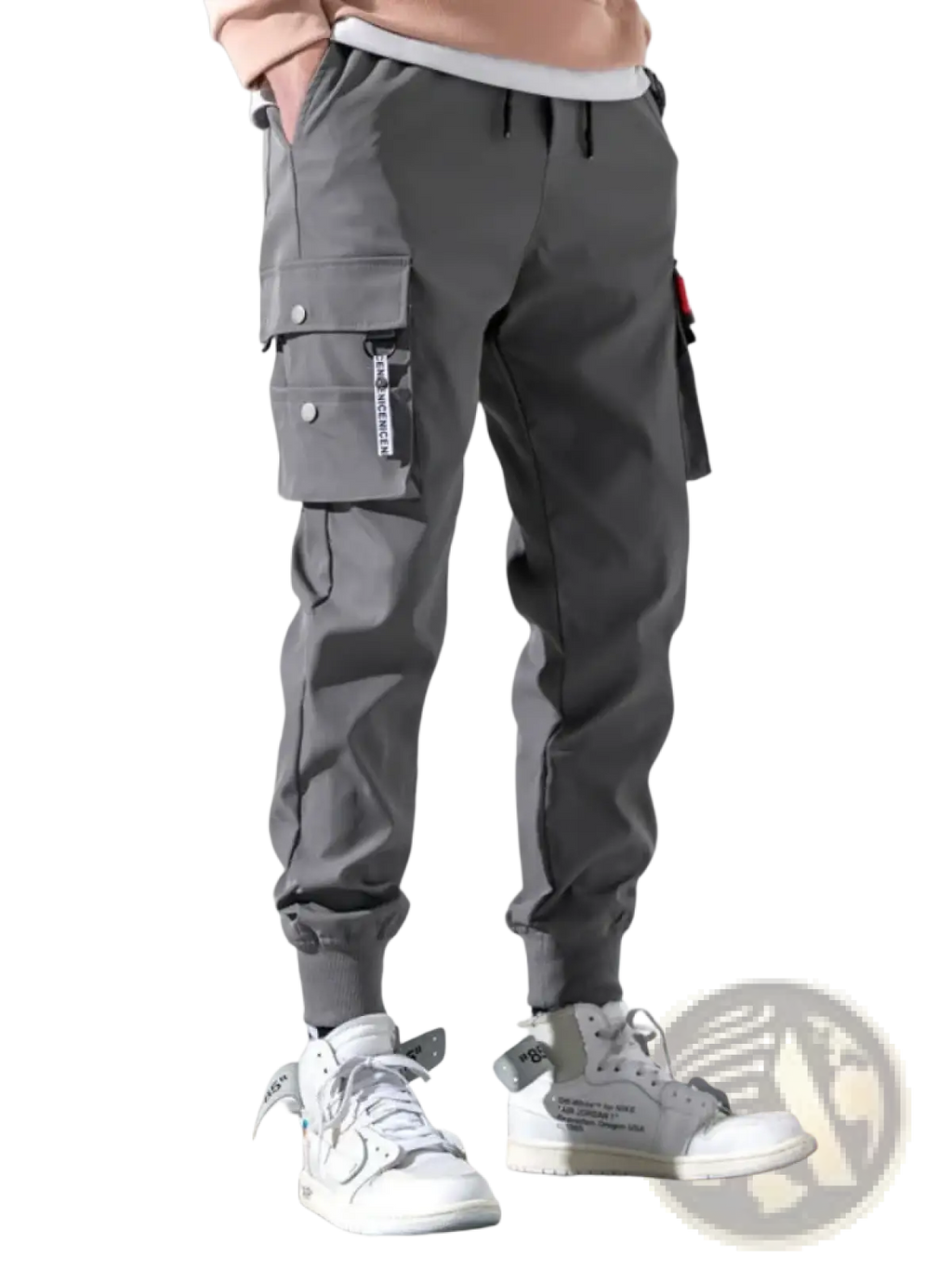 Gray men tactical cargo pants with multiple pockets, button closures, and a drawstring waistband for casual wear