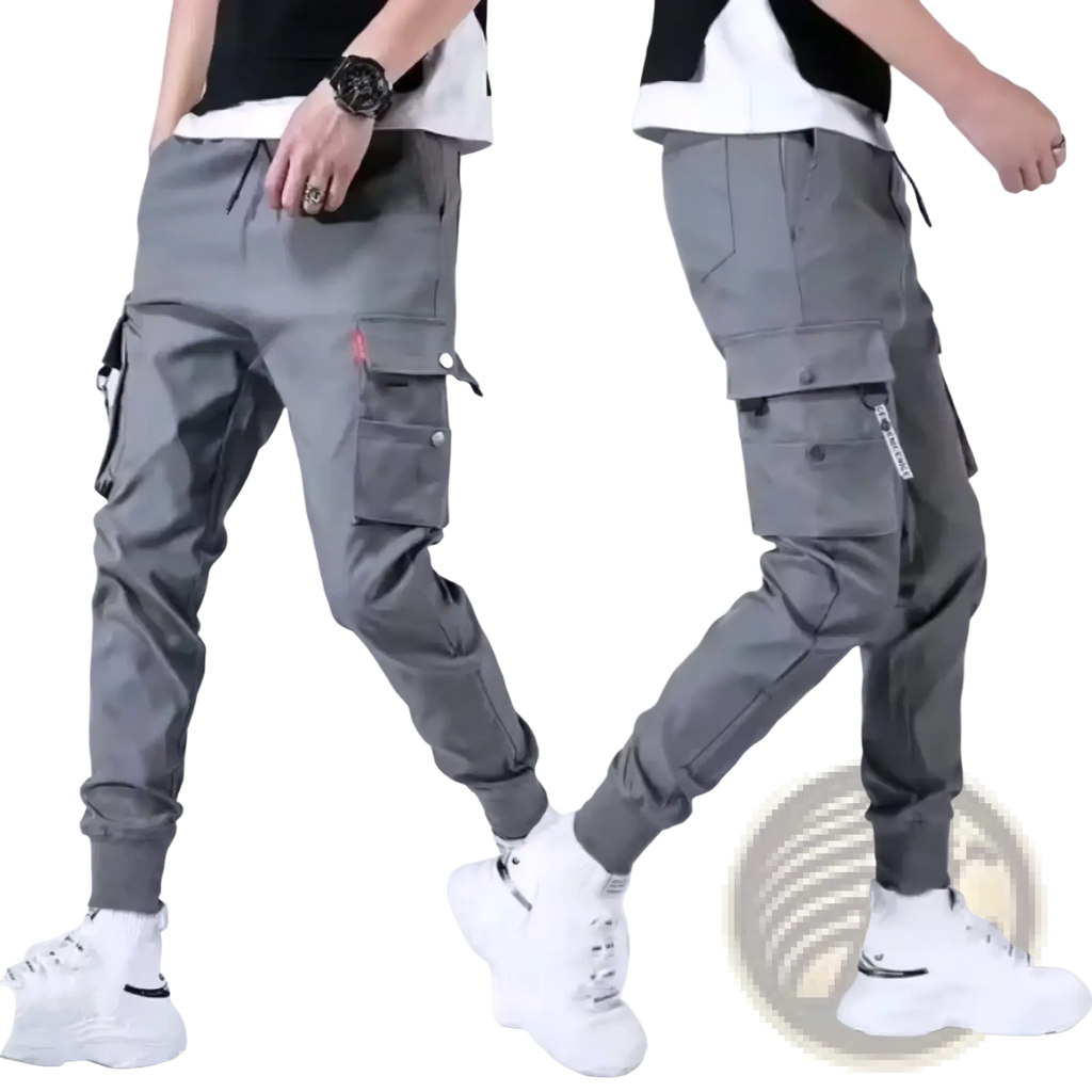 Men tactical cargo pants in gray with multiple pockets and tapered leg design for casual and outdoor use