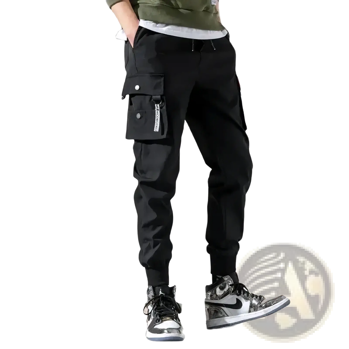 Men tactical cargo pants black with multiple pockets and drawstring waistband casual joggers for everyday use