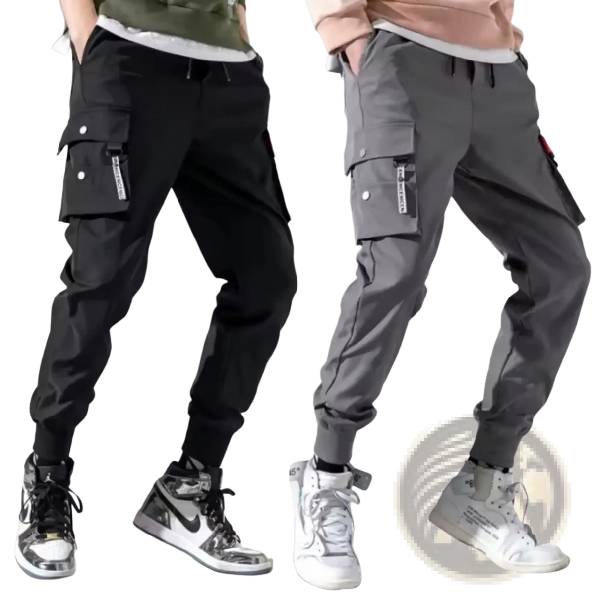 Men tactical cargo pants in black and gray with multiple pockets elastic cuffs and branded side tags for durability