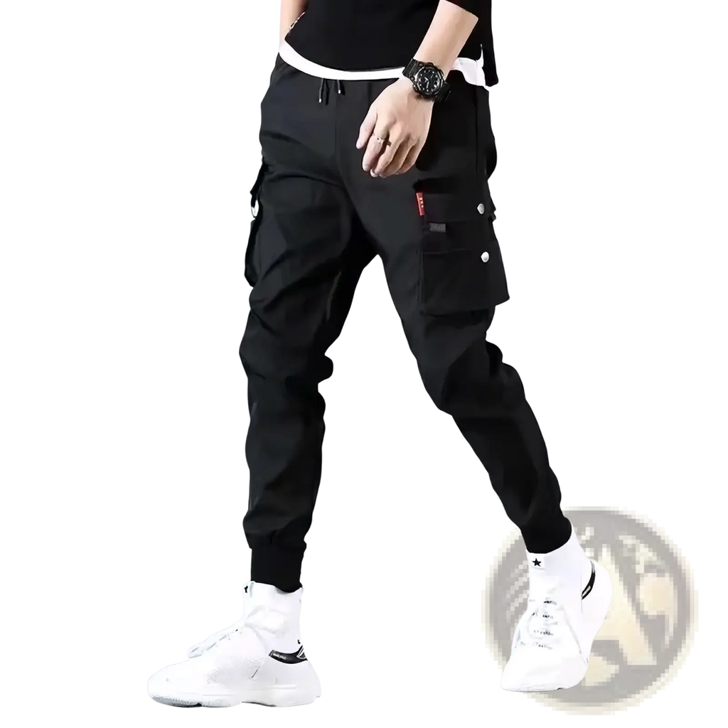 Men tactical cargo pants in black featuring multiple pockets and a drawstring waistband for functional use
